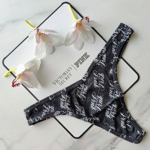 NWT PINK VICTORIA'S SECRET RIB COTTON HIGH-LEG THONG PANTY IN PURE BLACK SCRIPT